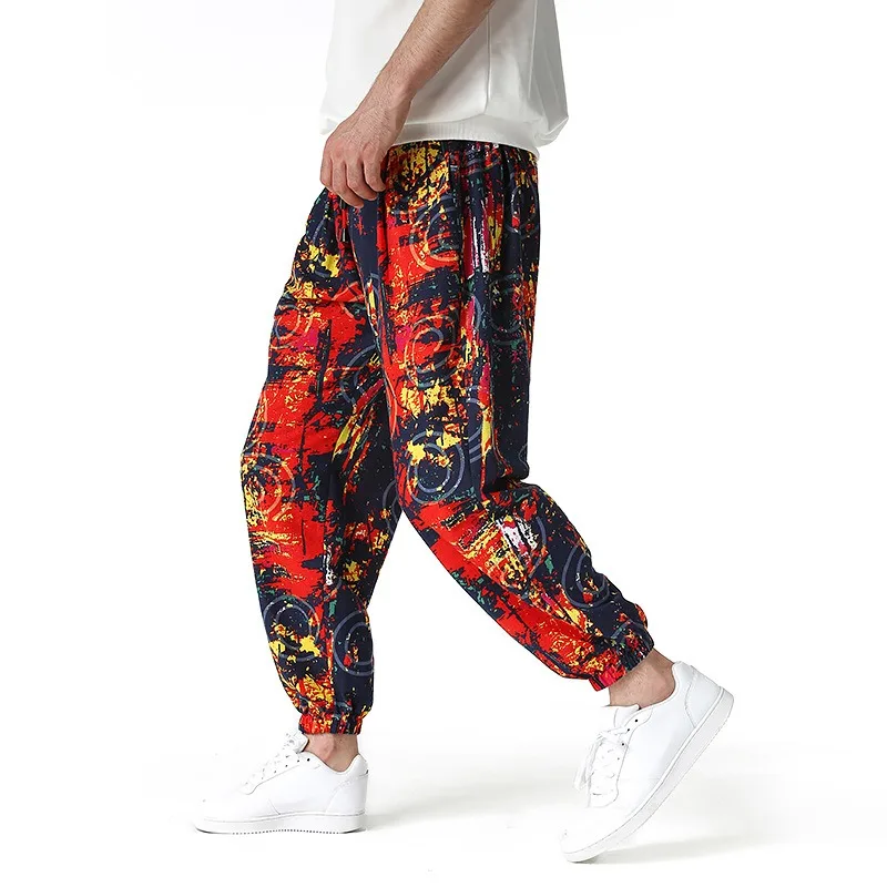 6 Colors!2024 Summer New Trendy Cotton Linen Printed Small Leg Pants for Men's Lantern Pants Men Clothing