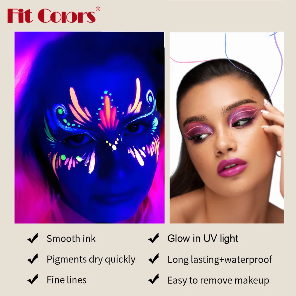 Fit สี 12 ชิ้น/เซ็ตที่มีสีสัน Liquid UV กันน้ําเรืองแสงอายไลเนอร์ Face Body Paint ปากกายาวนานถอดง่าย