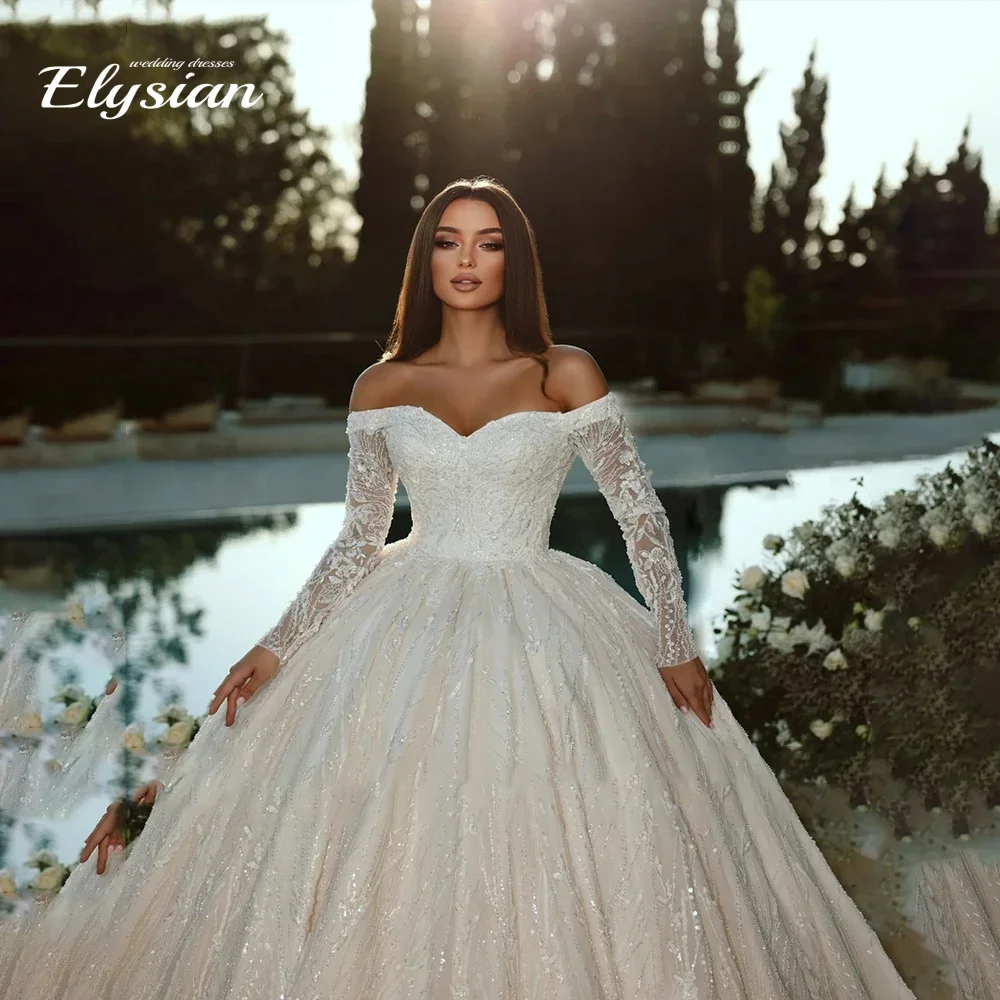 

Индивидуальные роскошные свадебные платья А-силуэта с вырезом-лодочкой, длинными рукавами, пайетками и кружевом, высококачественные свадебные платья принцессы (Vestidos De Novia)