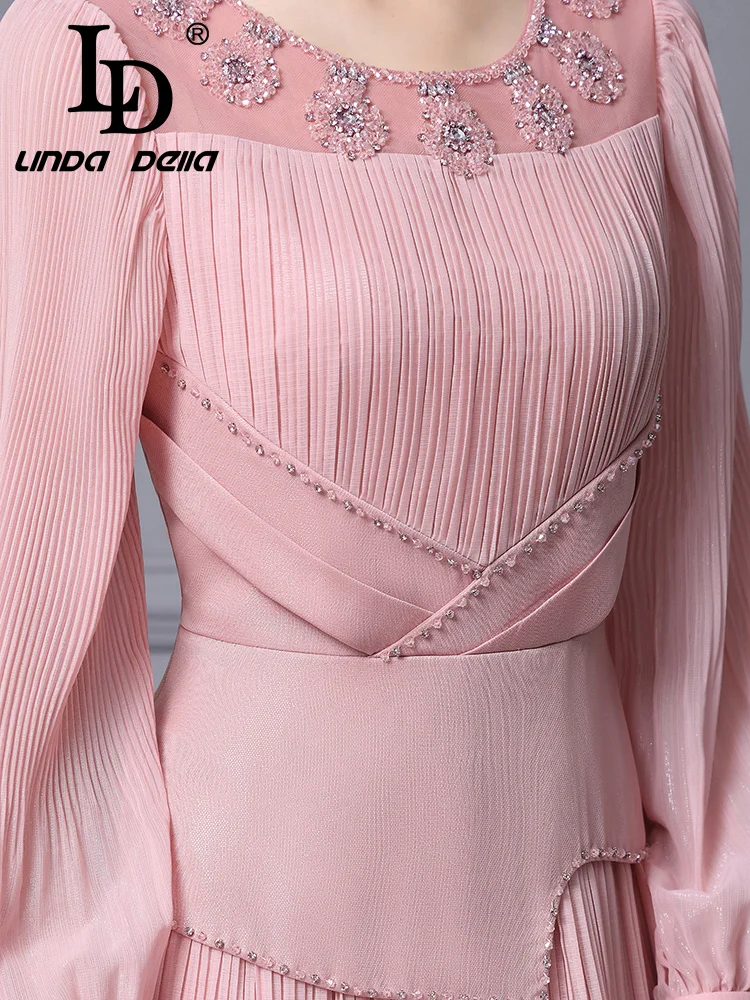 تنورة LD LINDA DELL ذات ثنيات على شكل خرز أظافر وردي كريمة وجوية ورقبة دائرية وأكمام طويلة بقصة ضيقة فستان عصري عالي