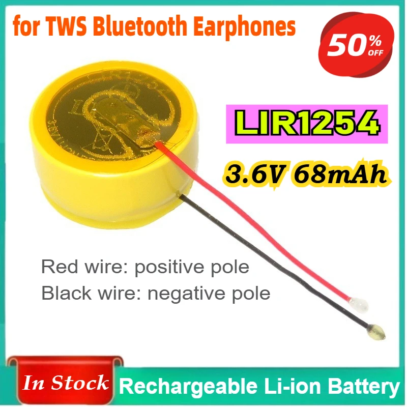 

1-20PCS LIR1254 3.6V 68mAh Button Steel Shell Rechargeable Li-ion Battery for TWS Bluetooth Earphones Fast Shipping