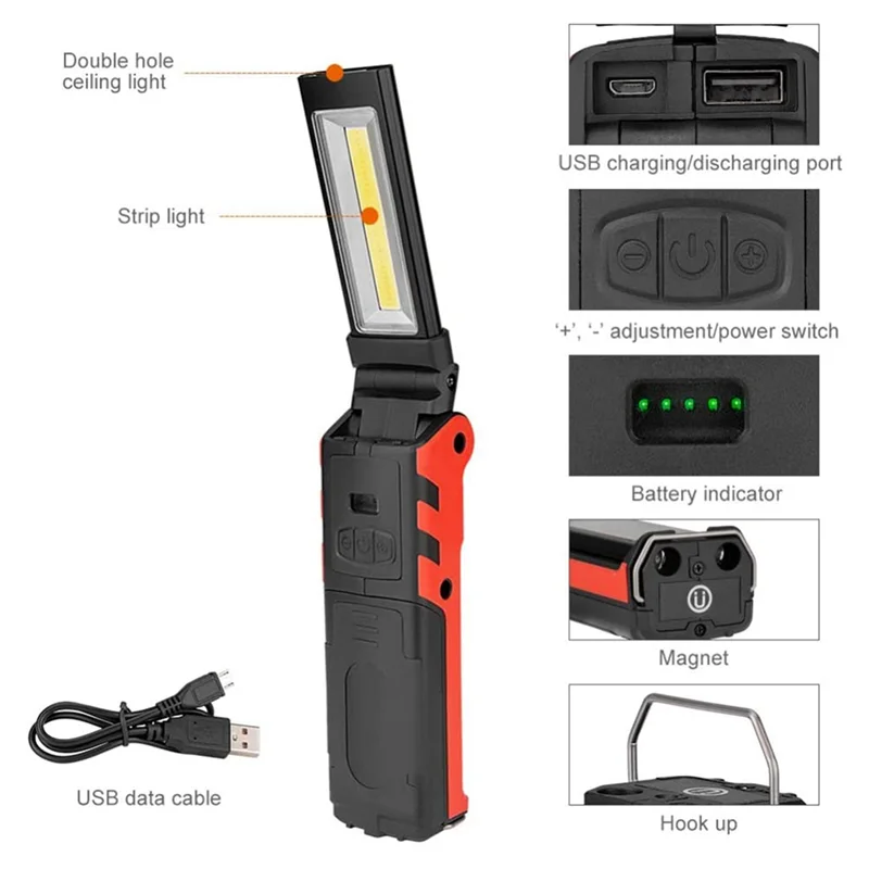 VELIF-3X Super Bright COB LED Working Light With Magnetic Base & Hook USB Rechargeable Dimmable Flashlight