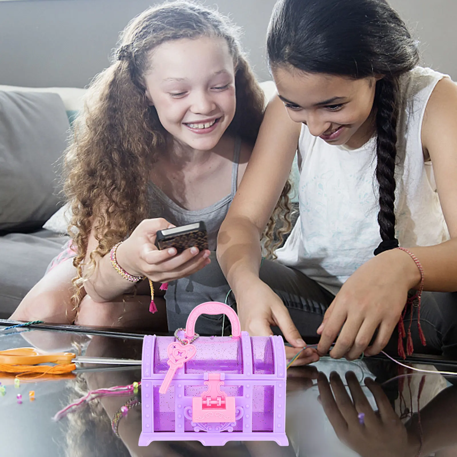 Boîte à bijoux pour enfants, 2 pièces, rangement au trésor de maquillage, conteneur organisatif en plastique pour chambre de filles, utilisation décorative