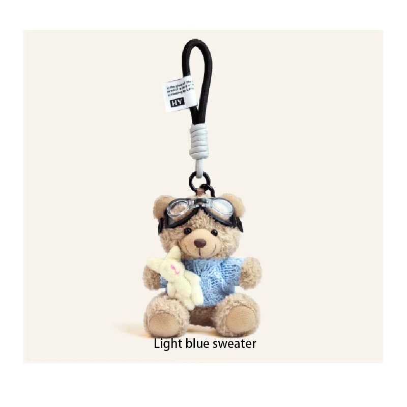 

Goggles Pilot Bear Keychain Pearl Hanging Rope Plush Bear Key Ring Doll Clothing Bell Stuffed Animal Car keychainbackpackpendant