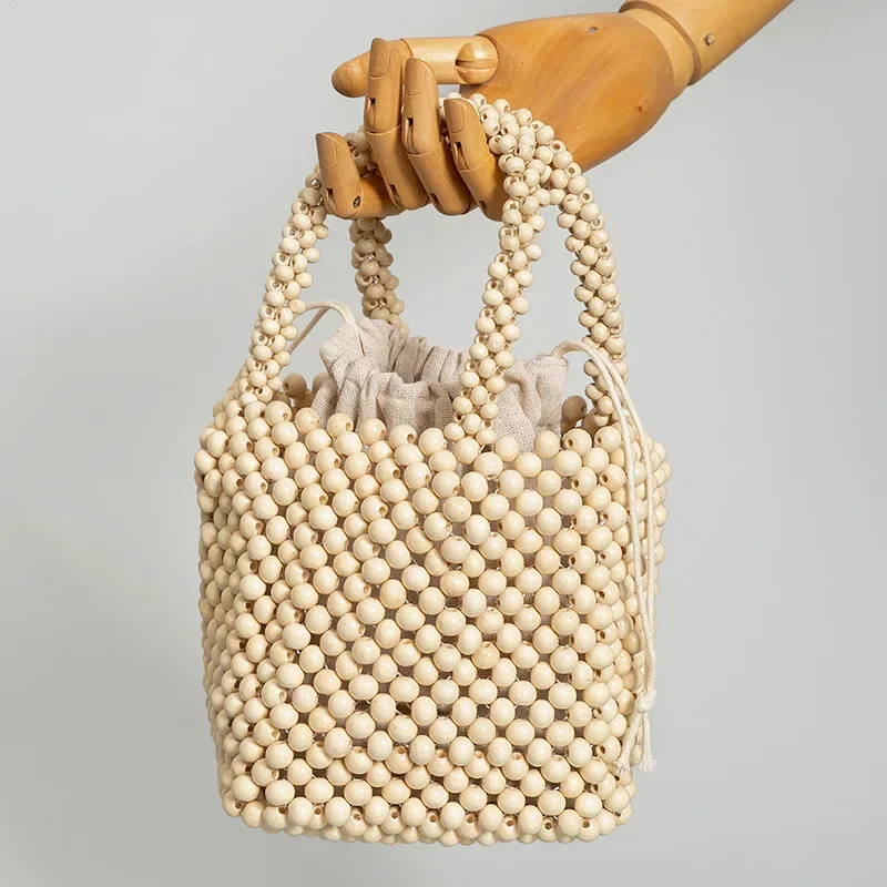 

Винтажная женская японская мода деревянное ведро роскошная сумка-тоут бежевая деревянная женская дизайнерская сумка из бисера