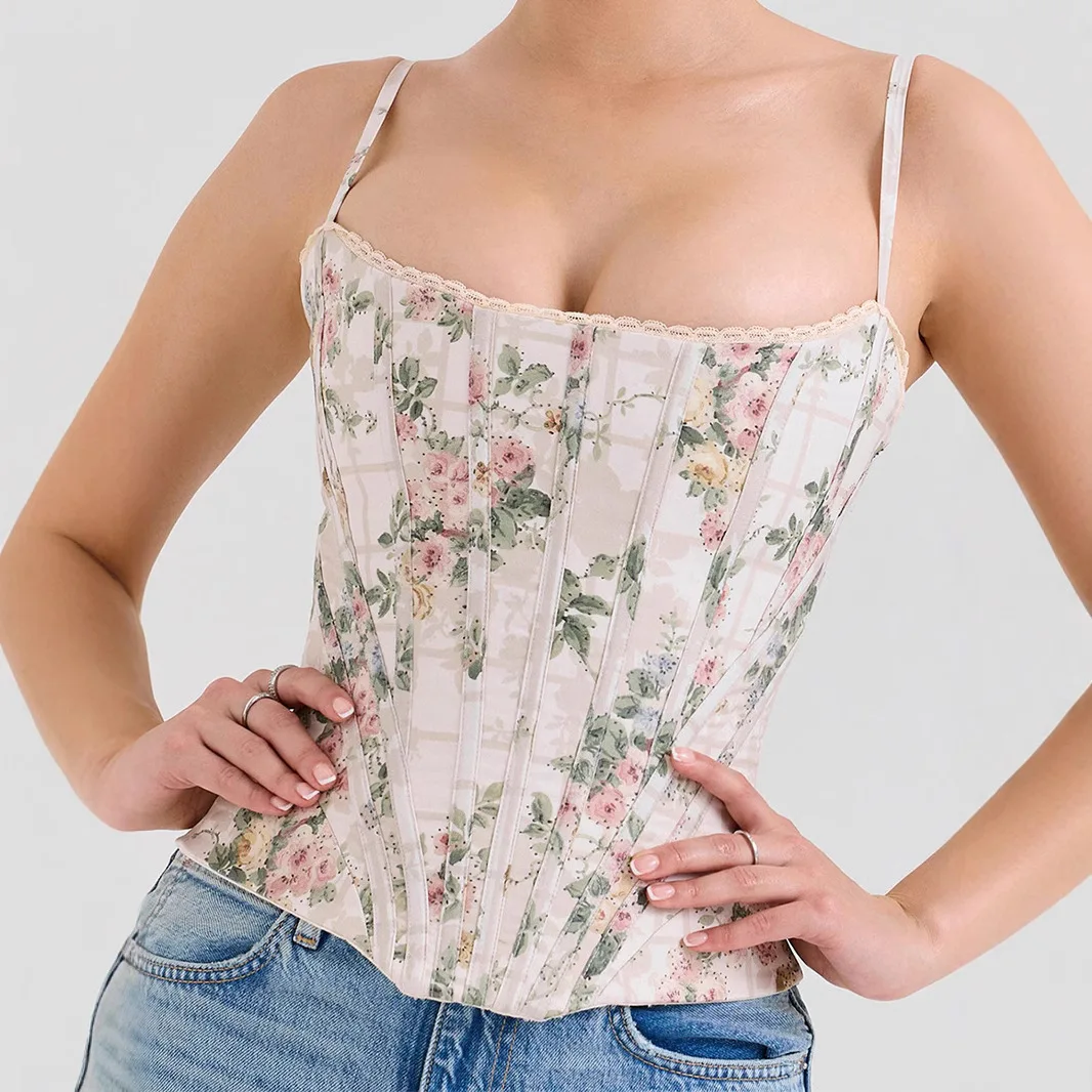 

Printed fish bone sling vest women's outer wear slim fit irregular drawstring backless top fashionable simple and versatile temp