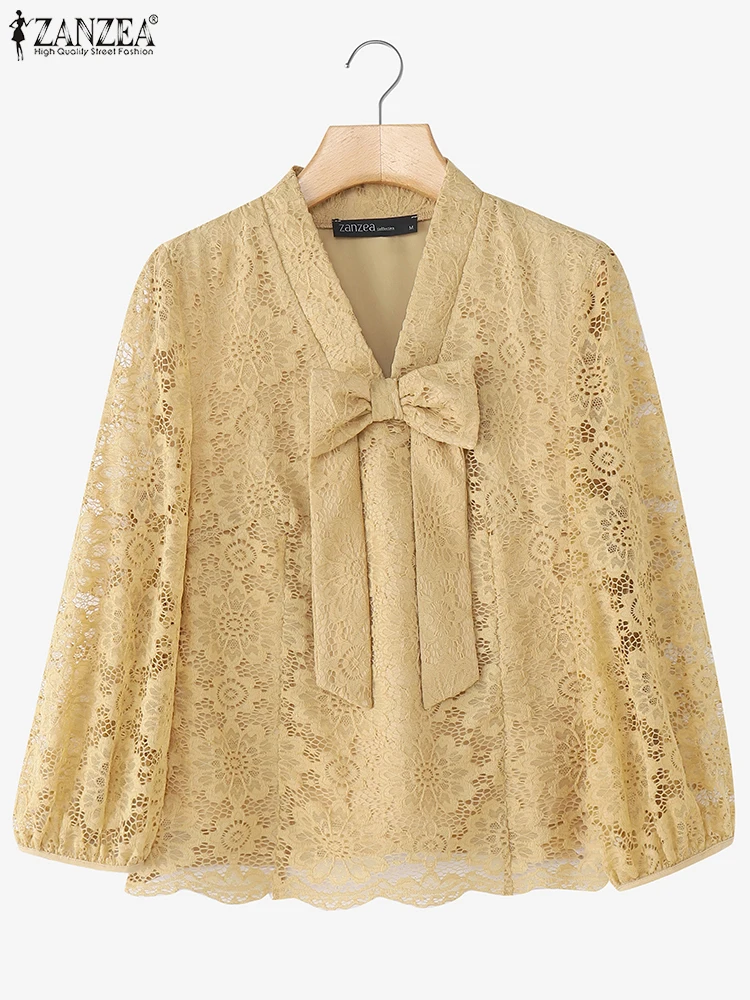 2025 ZANZEA elegante blusa de encaje para mujer con cuello en V pajarita camisas de oficina para mujer otoño 3/4 Puff manga Casual moda Blusas Tops