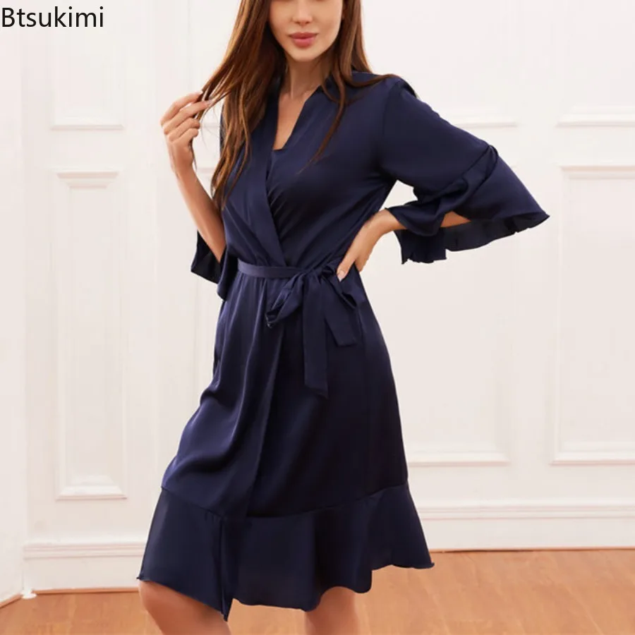 ชุดคลุมอาบน้ำผ้าไหมซาตินสำหรับผู้หญิง ชุดกิโมโนเซ็กซี่ ชุดคลุมแต่งงาน ชุดนอนลำลองสำหรับใส่ที่บ้าน ชุดนอนฤดูร้อน ชุดนอนหลวมๆ