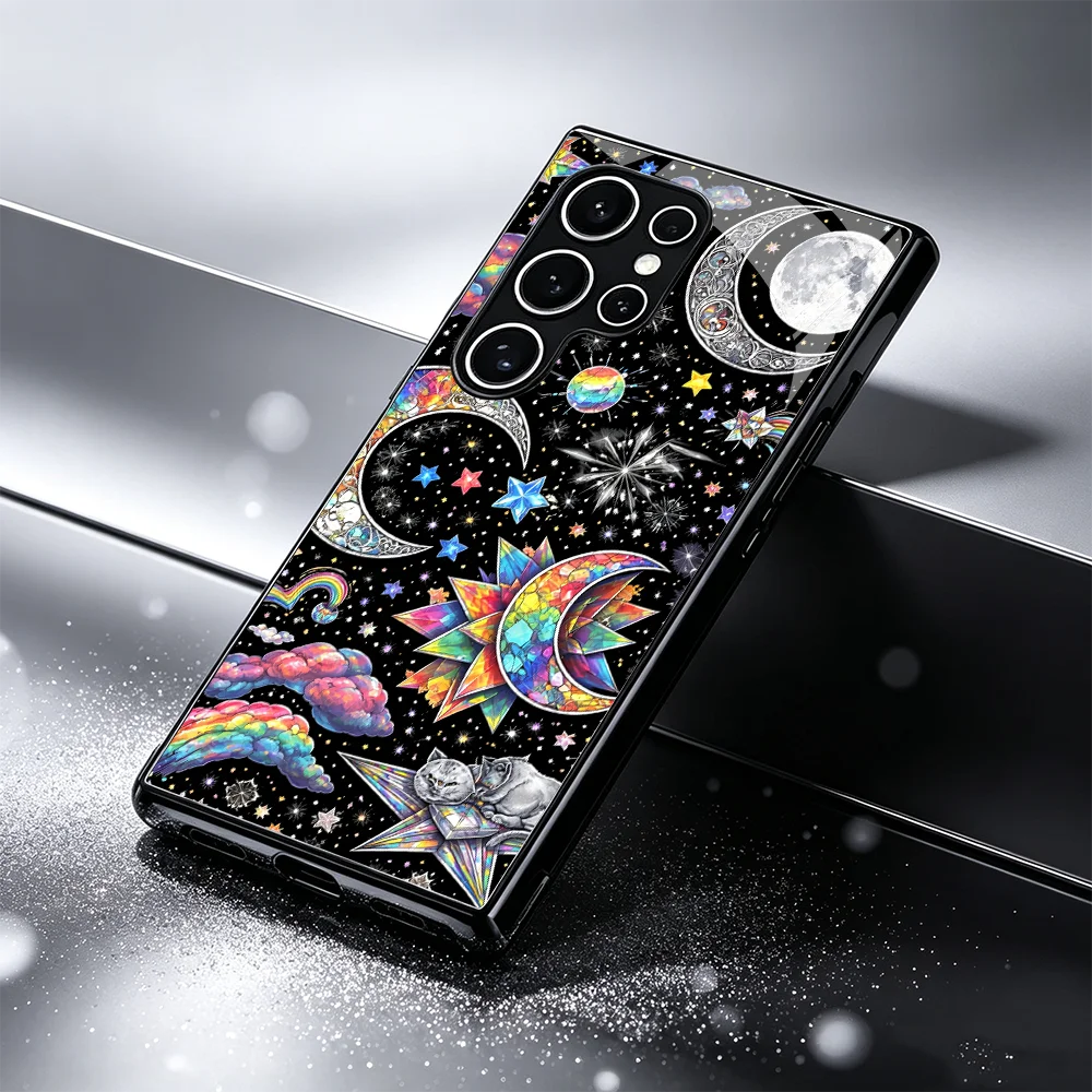 Abstract Universe Black Tempered HD Glass TPU phone case for Samsung Galaxy S26/S25/S24/S23/S22/S21 FE Ultra Plus Shockproof