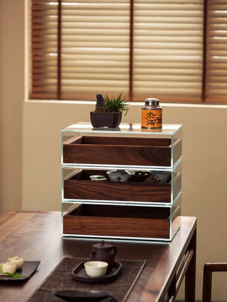 Black walnut solid wood desktop tempered glass display cabinet
