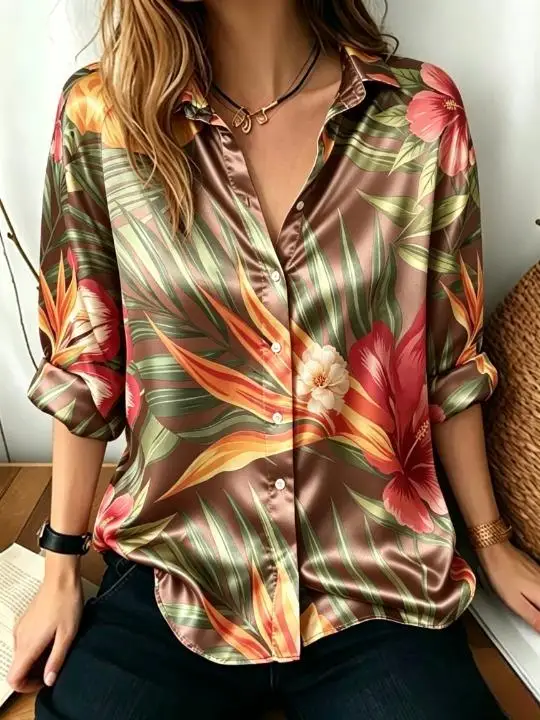 Women Tropical Floral Palm Leaf Print Lapel Collar Long Sleeve Shirt Loose Button‑Down Vacation Holiday Casual Daily Blouse Tops