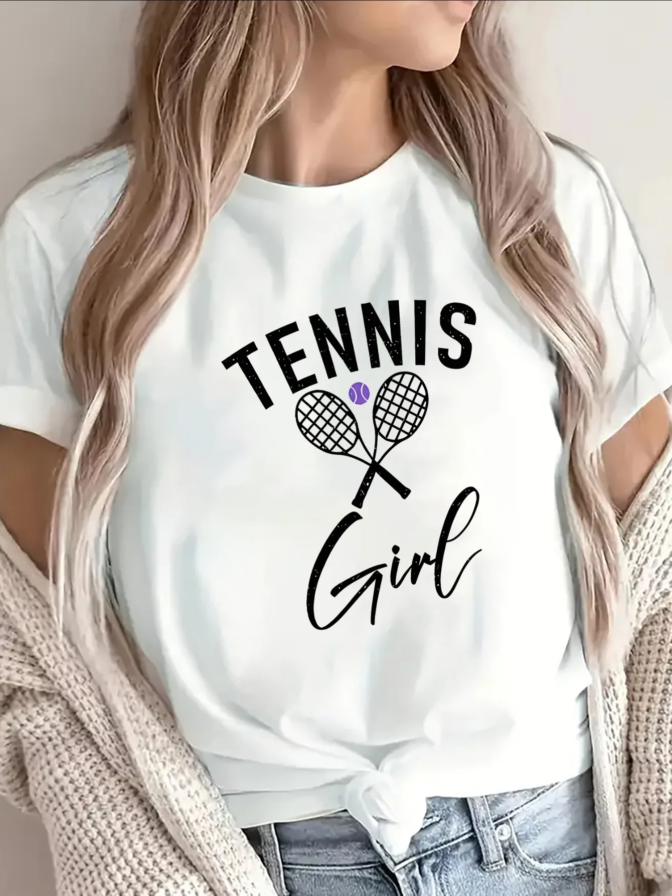 Ladies' Tennis T-shirt, casual sport design with crossed tennis racket and ball patterns, lightweight and breathable, perfect for gym, practice or daily wear, fabric printed, short-sleeved shirt
