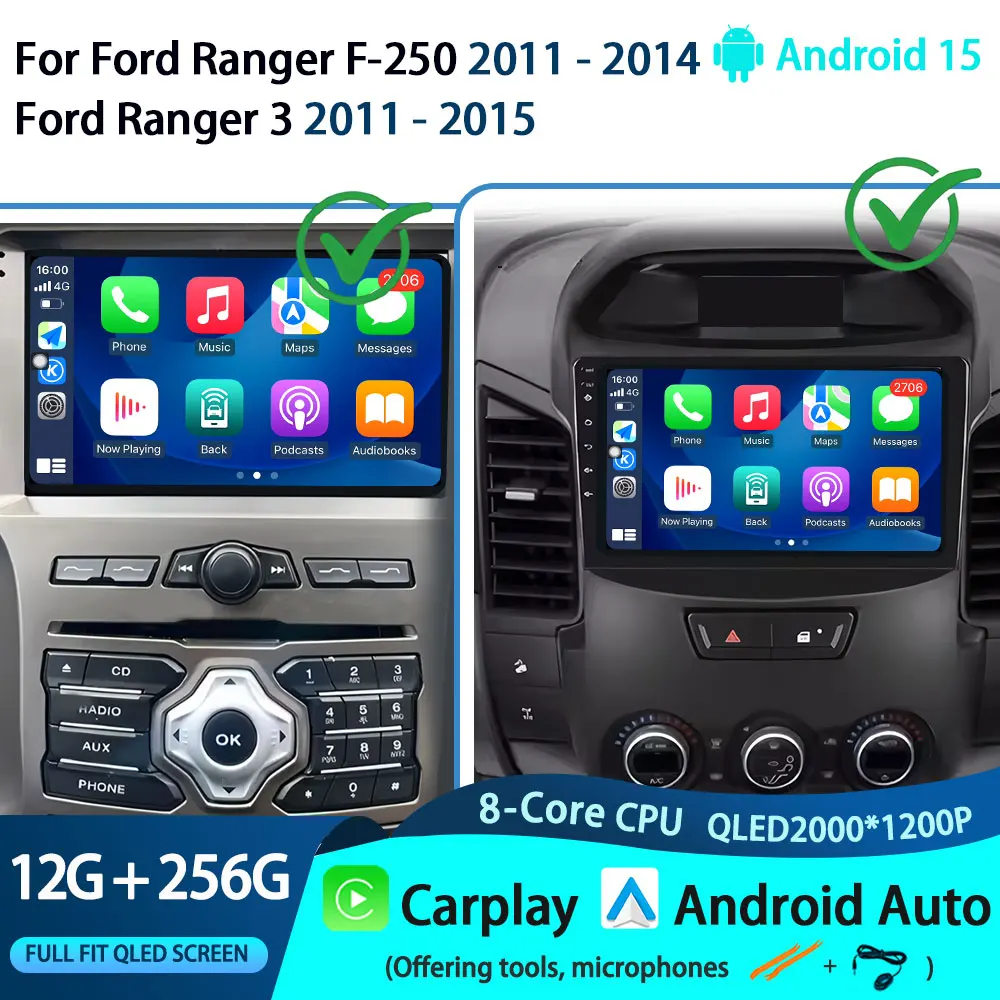 

Android 15 Car Radio For Ford RANGER F-250 2011-2014 Ford Ranger 3 2011-2015 Player GPS Navigation CarPlay Auto 4G WIFI QLED BT