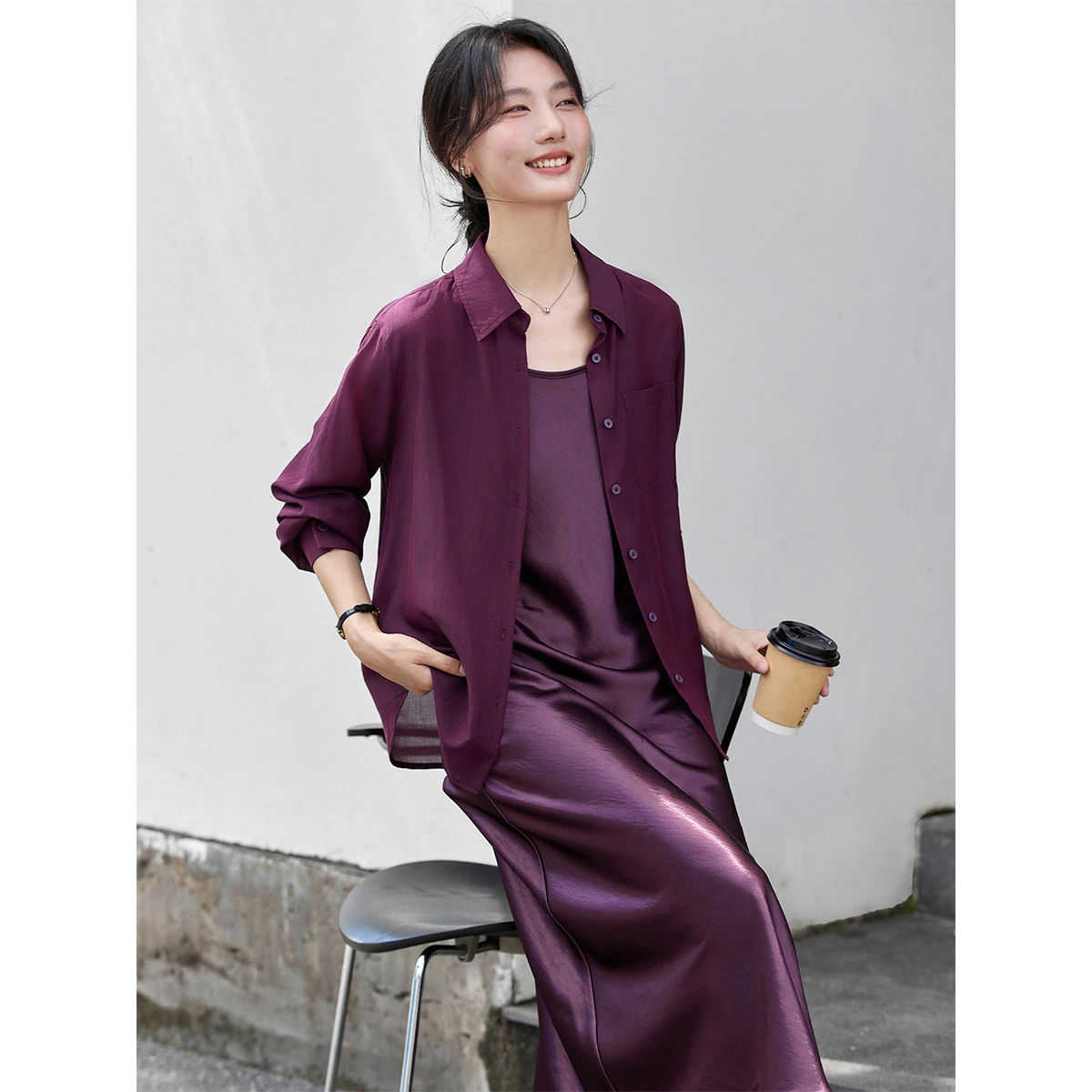 VIMLY الفرنسية فستان أنيق مجموعة للمرأة 2025 الخريف جديد عادية الصلبة قمصان طويلة الأكمام معاطف ميدي فضفاضة تناسب زلة فستان A3052