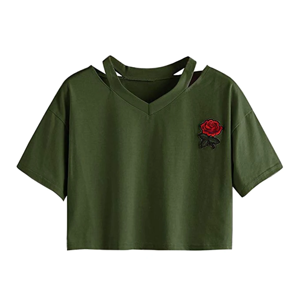 Dames sexy V-hals geborduurd roos kort T-shirt dames top meisjes blouse