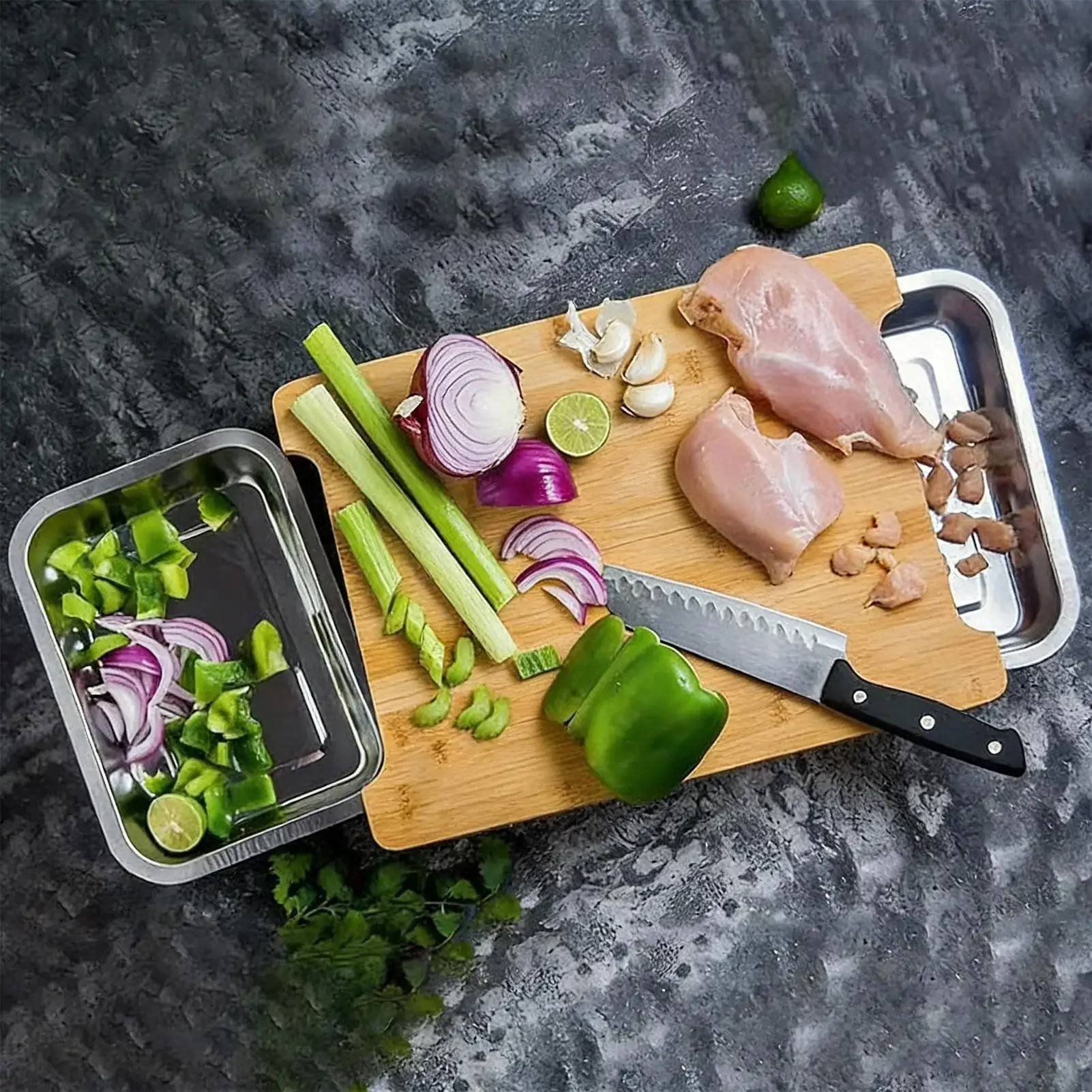 Picture 3: Kitchen Eco-friendly Bamboo Cutting Board with Sliding Stainless Steel Tray Drawer Bamboo Cutting Board for Food Preparation