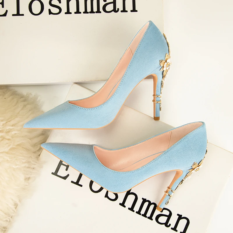 Floral Heeled Metal Carved 4" Wedding Suede High Heels Size 34-43 Pointed Toe Trans Black Blue Party Date Basic Women Shoes image 3