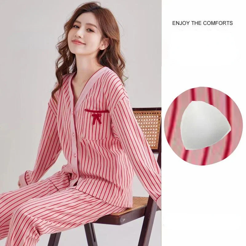 

Luxury Brand Cotton Sleepwear Women Long Sleeve Cardigan V-neck Pajama Sets Homewear with Chest Pads Kawaii Clothes Pajamas Pink