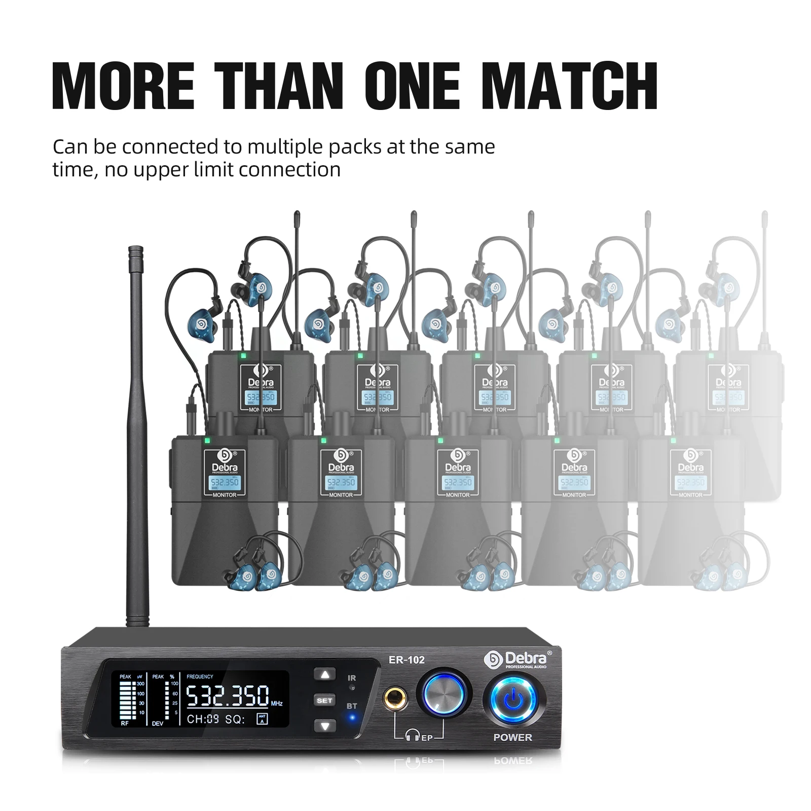 Debra ER-102 Professional Wireless In-Ear Monitor System, UHF band with Bluetooth 5.0 support, for stage performances, drummers
