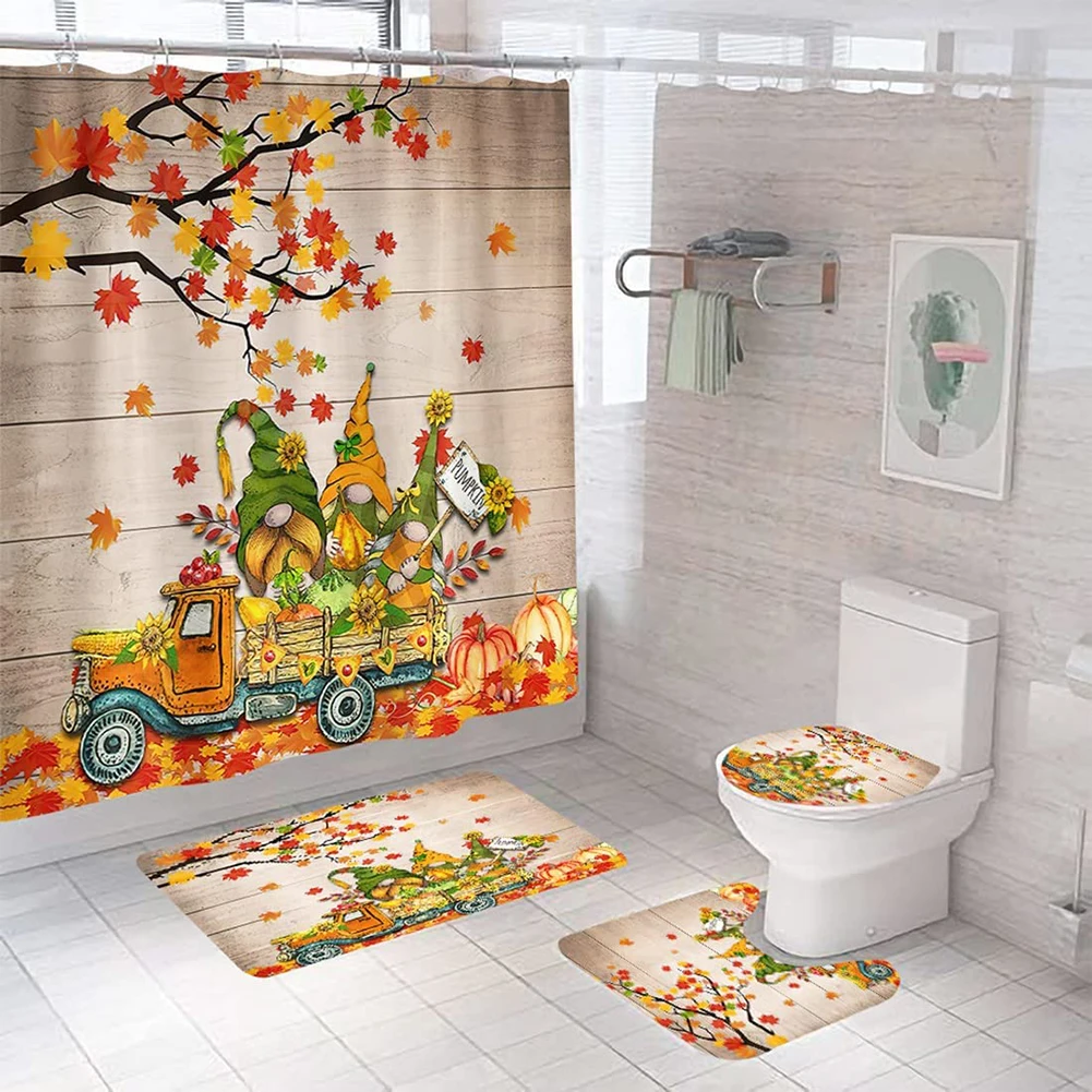 4pcs Halloween Printing Bathroom Accessories Set Waterproof Shower Curtain Non Slip Mat Toilet Cover Bathroom Decoration Kit