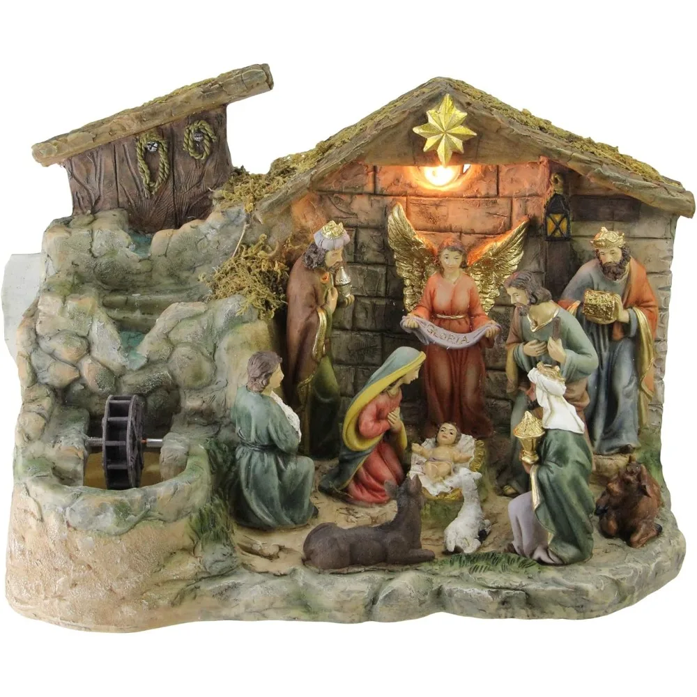 

Набор коричневых рождественских фигурок из 11 предметов с подсветкой и водным фонтаном — теплый белый свет