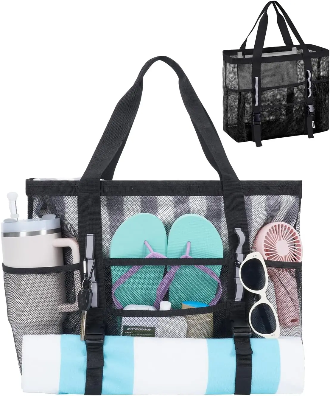

Large Mesh Beach Tote Bag for Women, 41L with 40oz Tumbler Side Pockets, Quick-Dry Family Pool Bag for Towels Toys Cruise Essentials Black