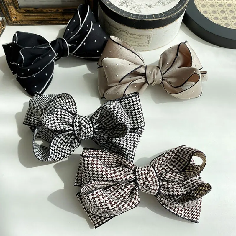 Handmade Bow Hairpin for Girl Houndstooth Plaid Hairpin Rhinestone Temperament Ponytail Clip Spring Clip Back Head Top Clip