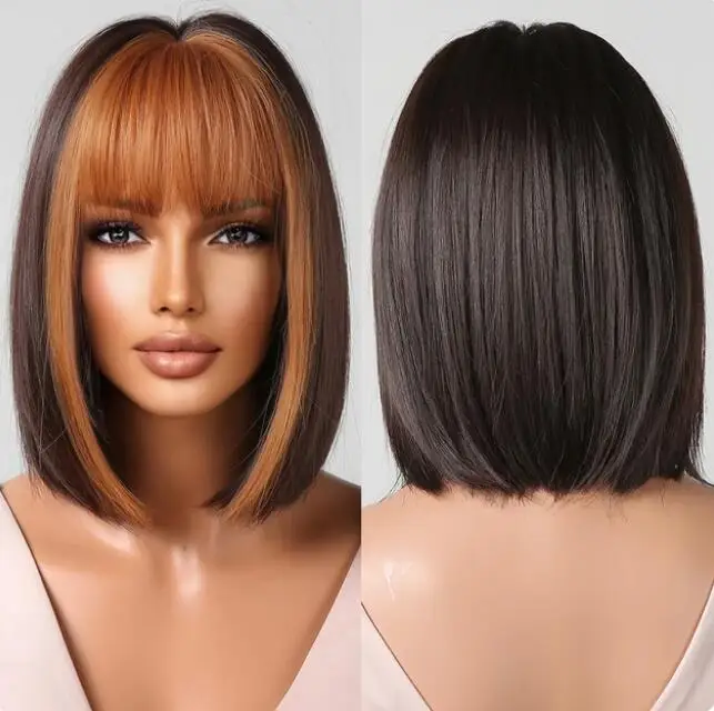 Wig Bob pendek hitam dengan poni oranye coklat tembaga Wig rambut Cosplay sintetis untuk sehari-hari wanita Wig serat tahan panas