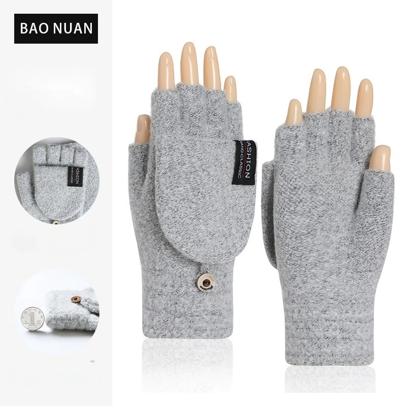 Inverno nova malha flip metade dedo luvas masculinas e femininas capa traseira luvas quentes luvas grossas