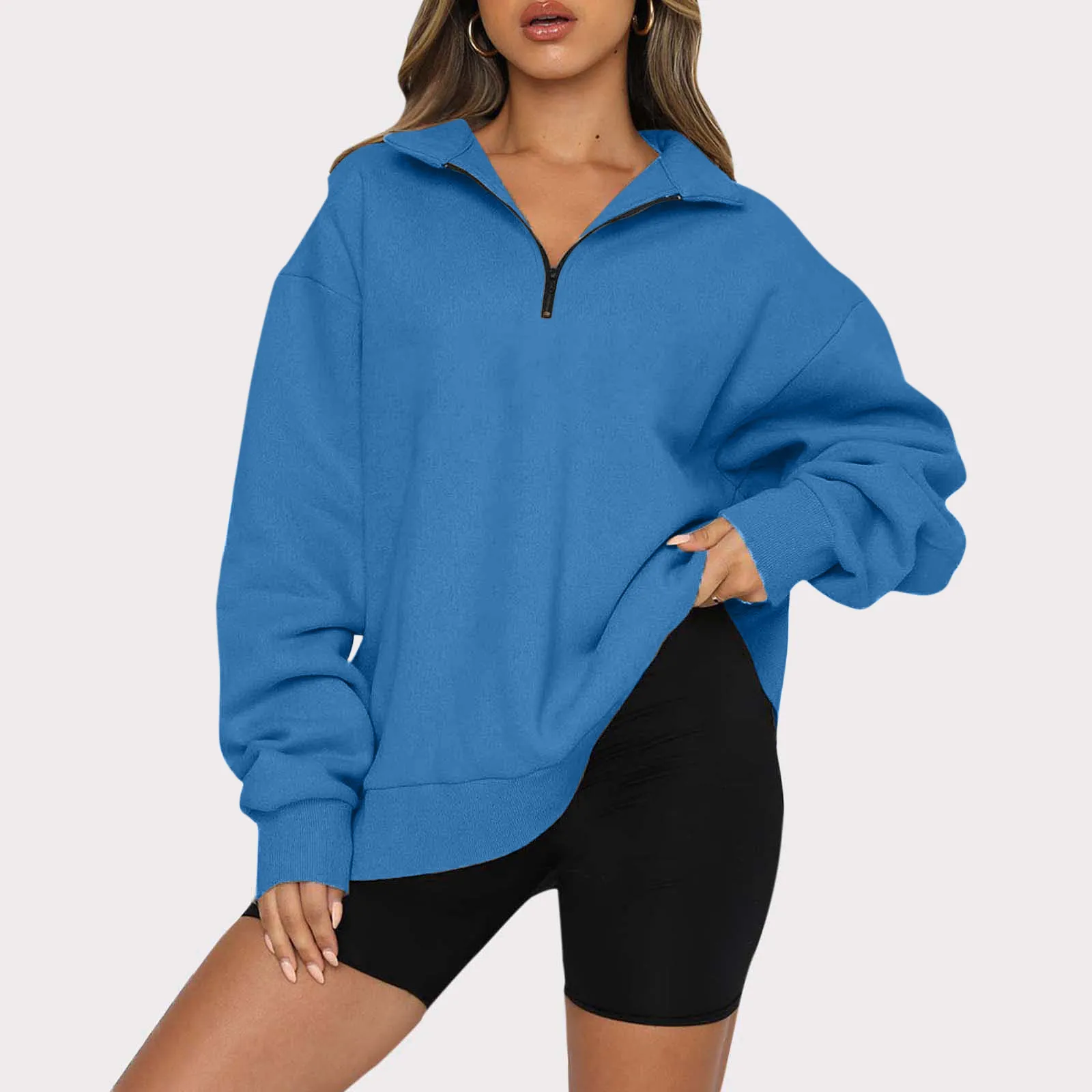 

Autumn Solid Color Sweatshirt Womens Casual Long Sleeve Half Zip Drop Shoulder Quarter 1/4 Zipper Pullover Oversized Tunic Top