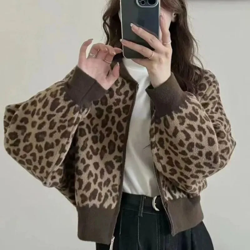 

Модное пальто с леопардовым принтом и цветными блоками, осенне-зимний бейсбольный короткий кардиган, ленивая куртка, топ