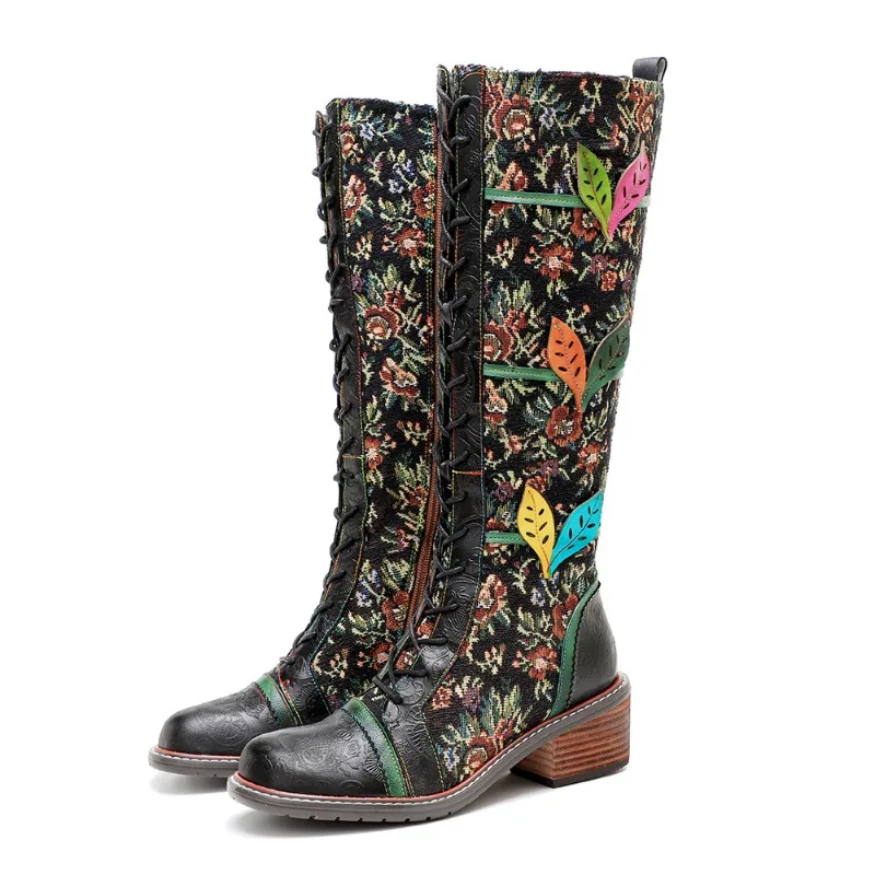 

Women Boots Fashion Knee High Boots Mixed Colors ZIP Genuine leather Manual color wiping Retro printingWomen Shoes black