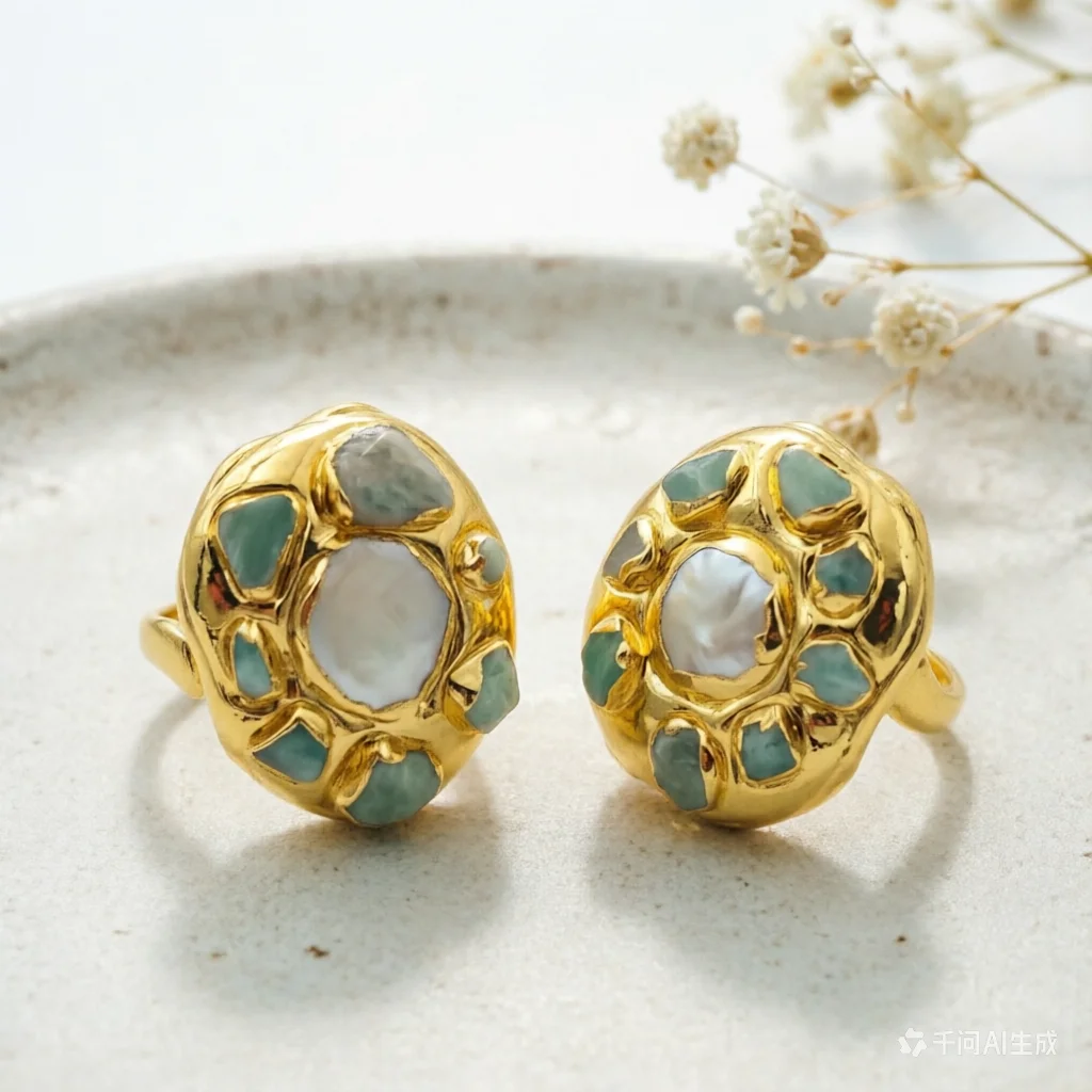 

WT-MPR086 Wholesale Fashion 18K Gold Plated Handmade Amazonite Tiny Stone Decorative With Pearl Women Cocktail Ring