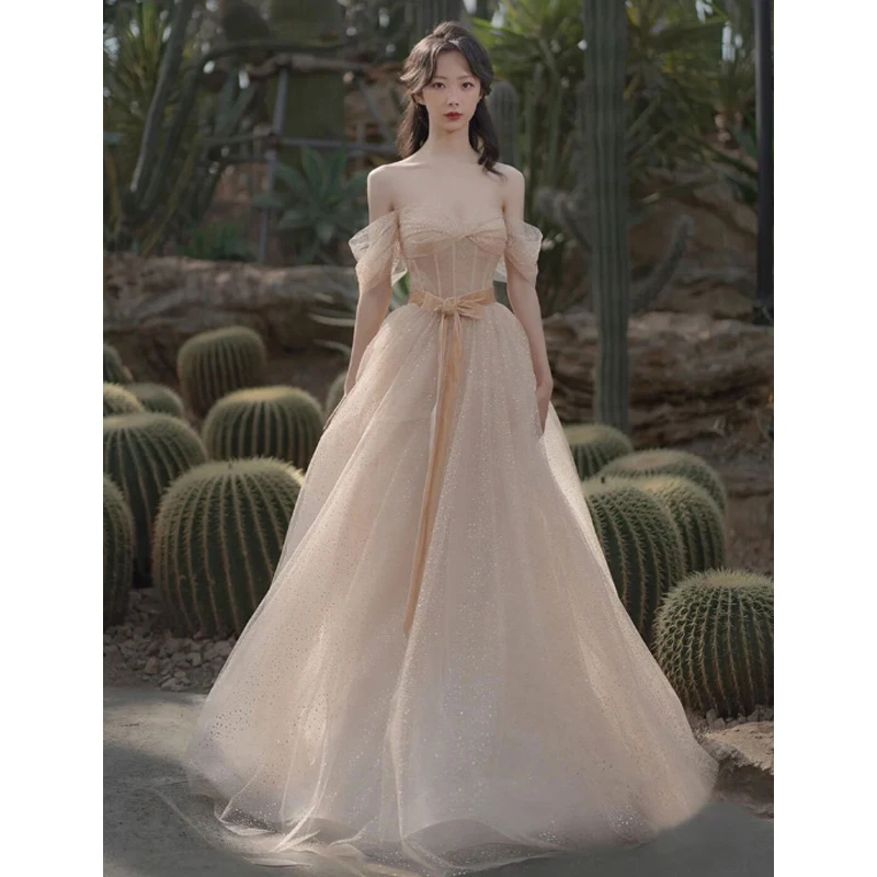 

Elegant Formal Occasion Dresses for Women 2023 Bling Off Shoulder Graduation Prom Gown Simple Female A-line Evening Dress