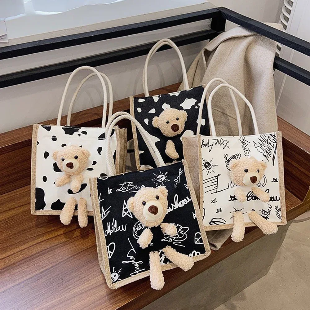 

Cute Bear Tote Bag Canvas Girls Bag Student Coin Purse Gift Simple Fashion Canvas Bag Hand Shopping Tote Bag-ll