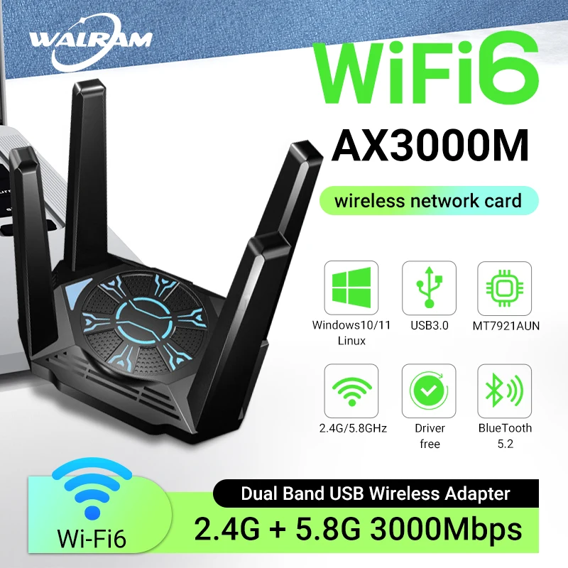 WALRAM WiFi 6E AX3000 USB WiFi محول USB3.0 بلوتوث 5.2 ثنائي النطاق 2.4G & 5G WiFi بطاقة الشبكة استقبال دونغل ل Win10/11 #1