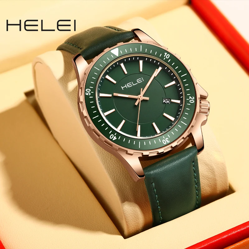 ساعة يد رجالية كوارتز جديدة من HELEI بحزام مضيء من الجلد الطبيعي #2