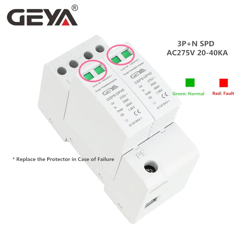 GEYA GSP9-DP40 AC SPD 3P+N 4P 275V 40KA Lightning Protection Surge Protective Device 36mm AC Surge Protector