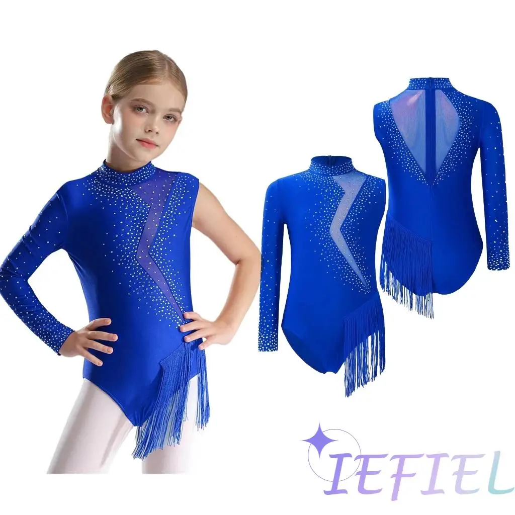 Girls Sparkle Rhinestones Tassel Leotard Figure Skating Costume One Shoulder Athletic Rhythmic Gymnastics Bodysuit Biketard Tops