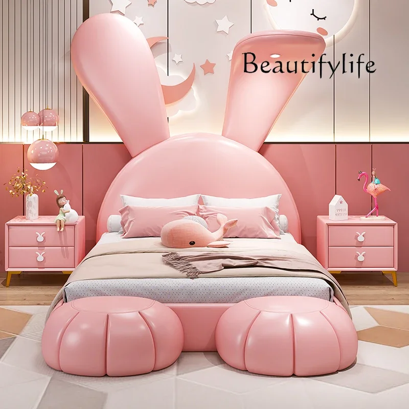 

Creative rabbit children's bed, pink girl princess bed light luxury cartoon function solid wood leather bed
