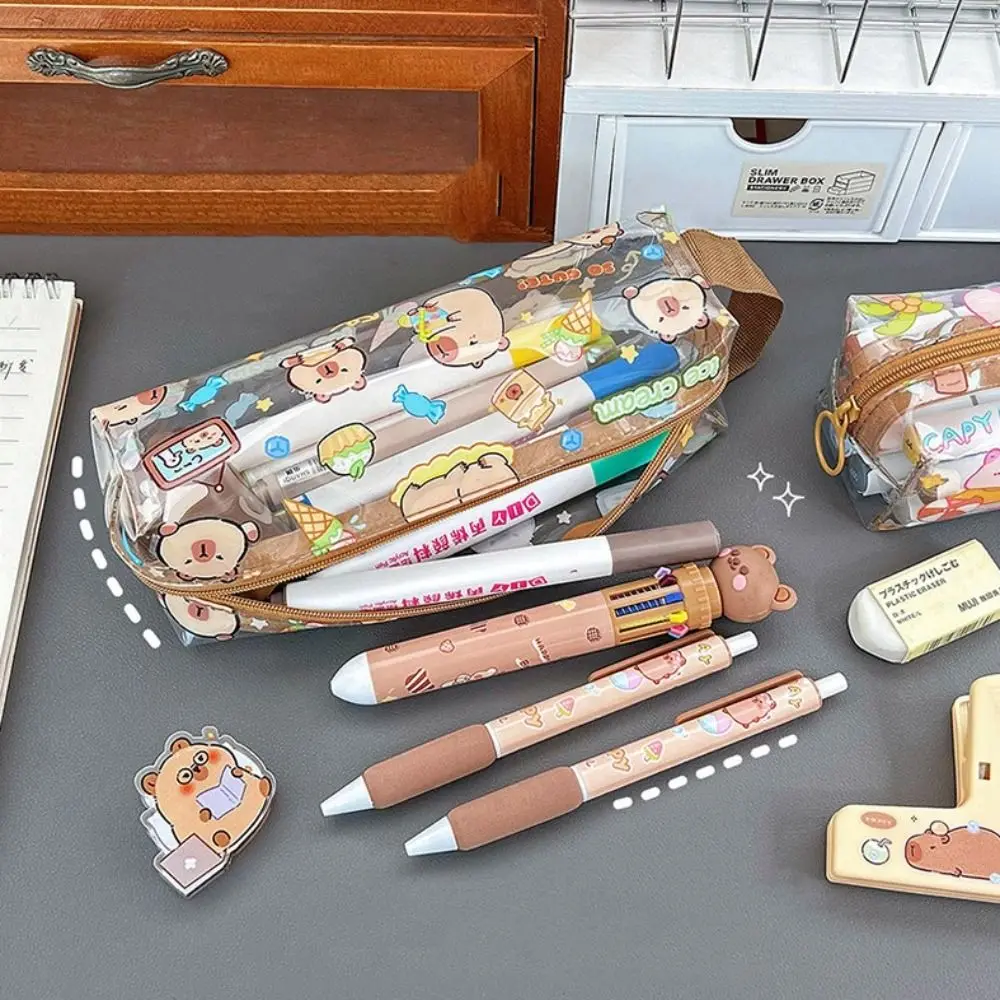 

Kawaii Capybara Pen Bag Cartoon Cute Design Transparent Pencil Case Waterproof Large Capacity Stationery Storage Bag Girls