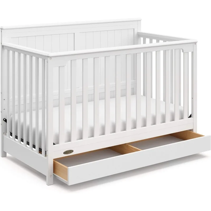 Hadley 5-in-1 Convertible Crib with Drawer (White) – GREENGUARD Gold Certified, Crib with Drawer Combo