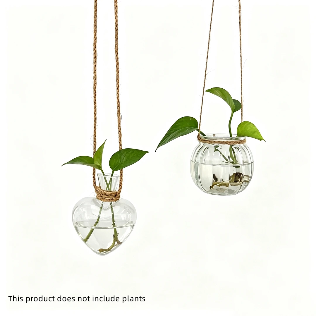 Glass vases with wooden base/heart-shaped hydroponic vases,rope hanging vases,home and office décor,garden gift for plant lover