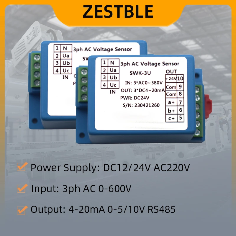 ZA-3U Three Phase 4-wires Voltage Sensor AC 0-600V Voltage Transmitter Transducer 4-20mA Output DC12V 24V 220V Power Supply