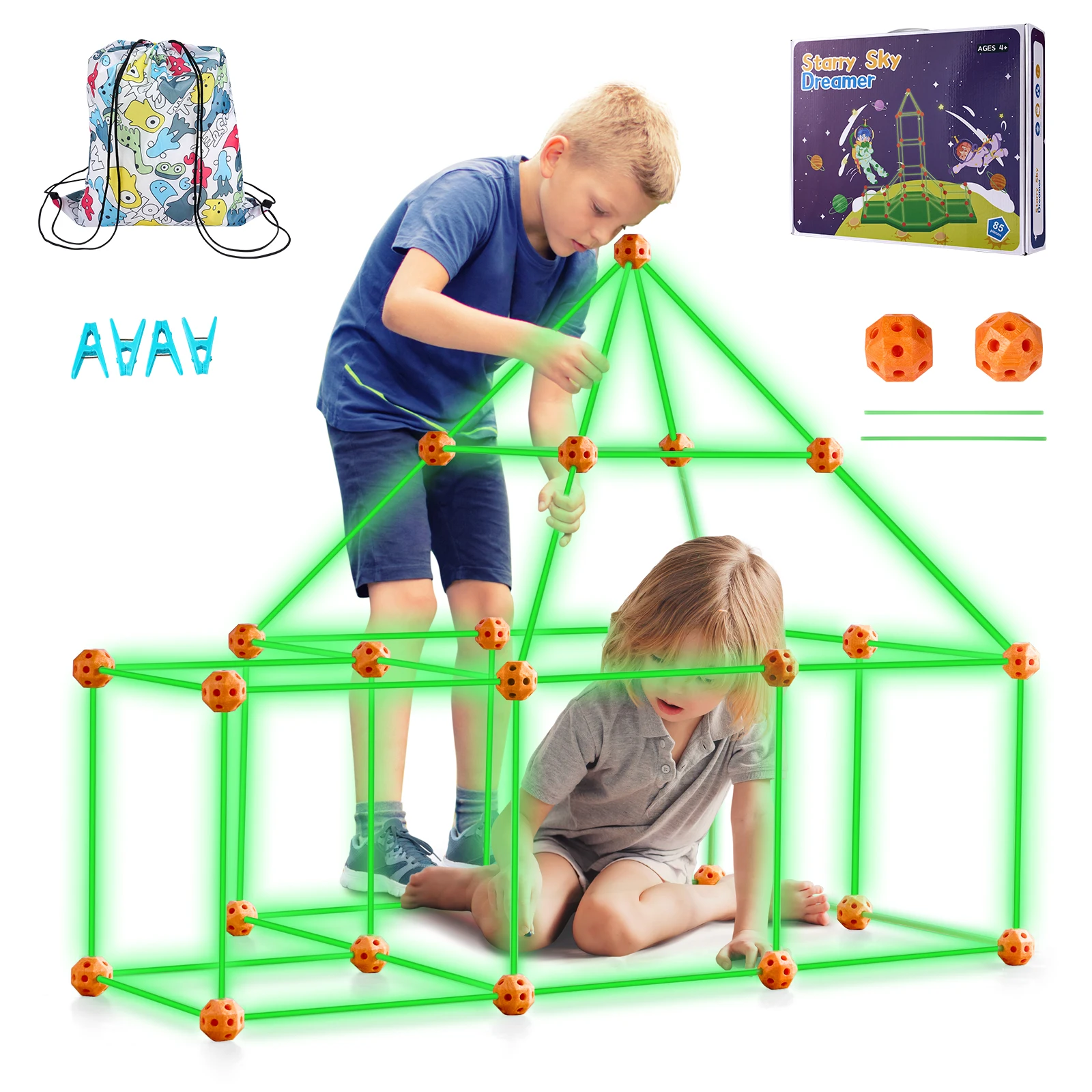 Tent Fort Building Kit For Kids Glow In The Dark STEM Construction Toy 85P