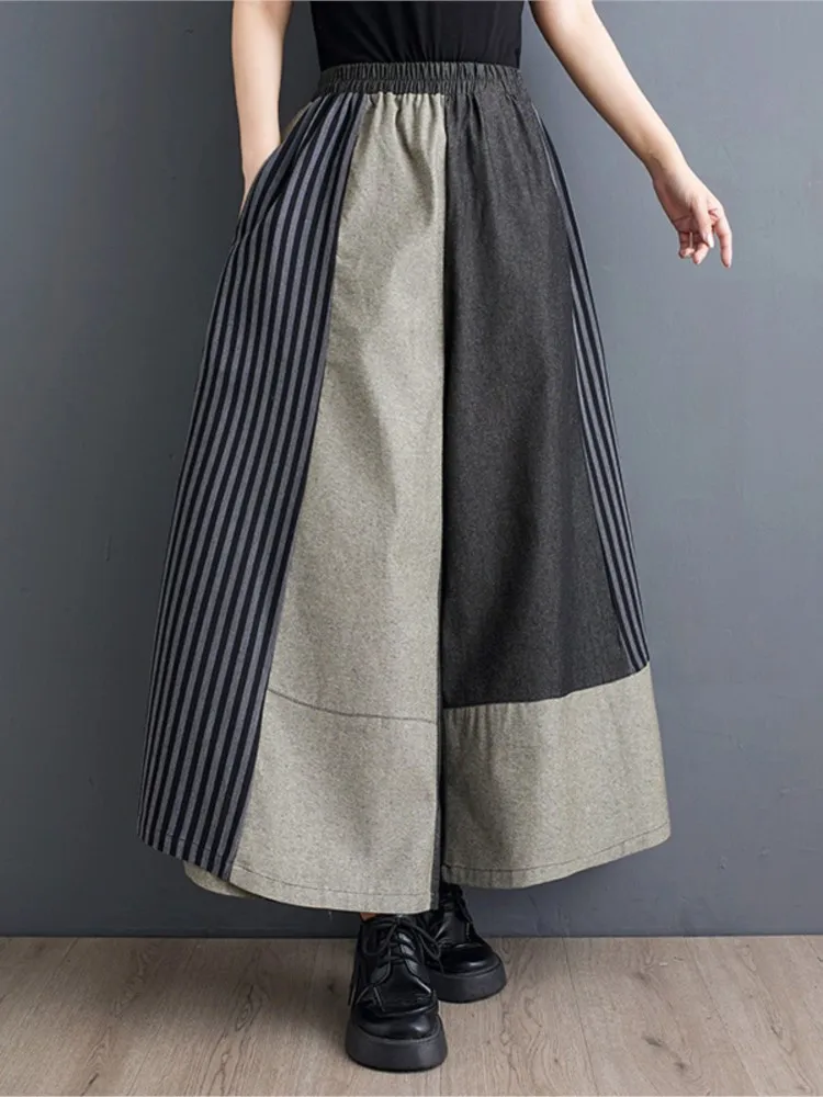 Oversized Summer Denim Striped Print Patchwork Pant Women Wide Leg Loose Pleated Fashion Ladies Trousers Casual Woman Pants