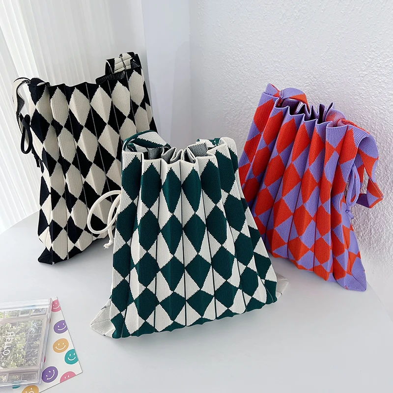 New 2023 Trend Plaid pieghevole Diamond Lattice Casual Knit Tote novità da donna intrecciata a mano Shopping Carryall Bag Soft Open Pocket