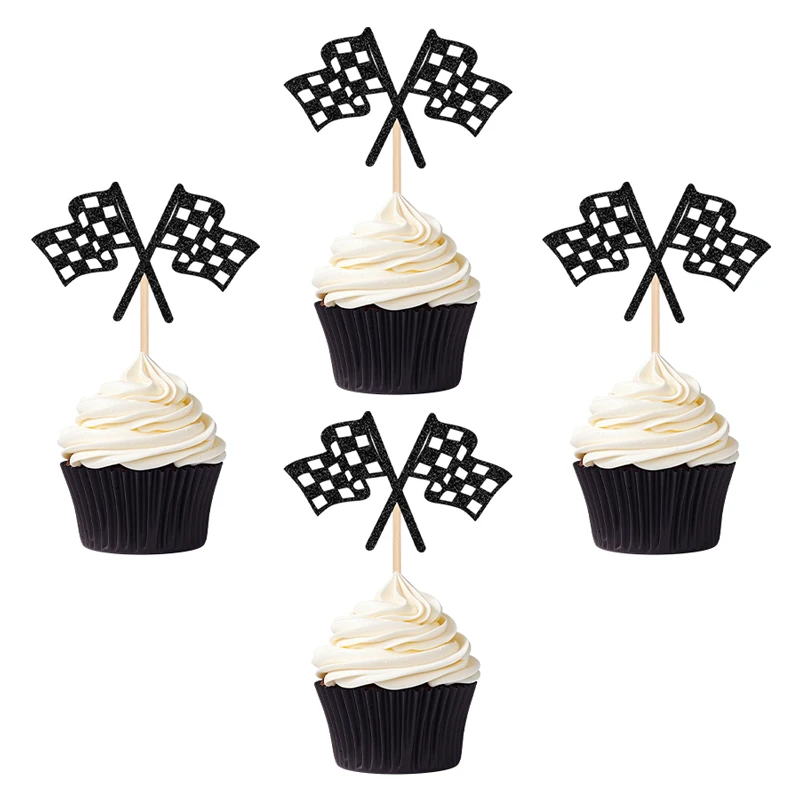 NUBECOM 24 Stück Karierte Rennflaggen-Cupcake-Topper Glitzer-Cupcake-Stecker Rennwagenflaggen Kuchen-Dekorationen für Geburtstage – Detail 7