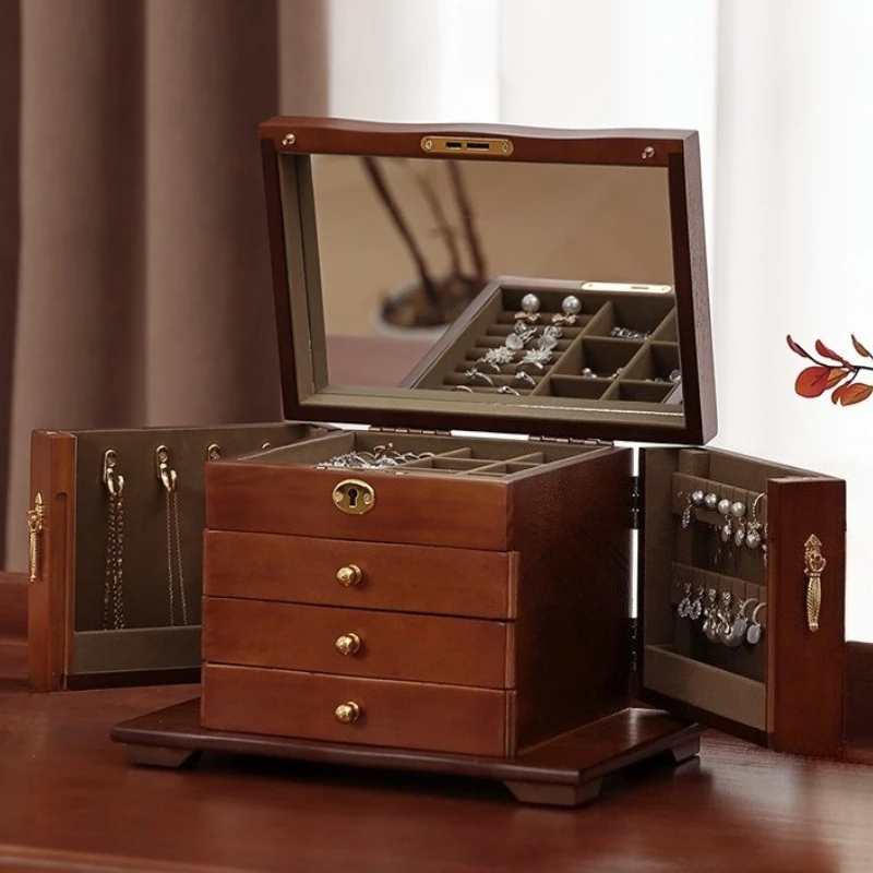

Wood Jewelry Storage Box Mirror Lock Jewelry Box Large Bracelet Necklace Jewelry Storage Case Earrings Ring Bracelets Organizer