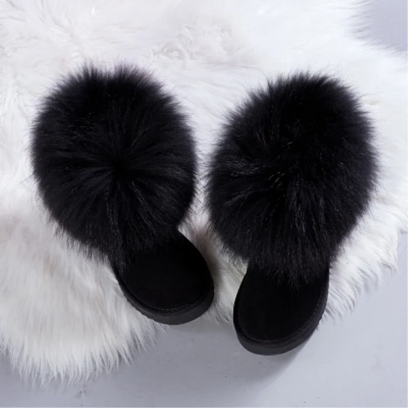 G&Zaco Luxury Natural Black Fox Fur Snow Boots Waterproof Cowskin Boots Ankle Boots Real Fur Genuine Leather Women Flat Shoes